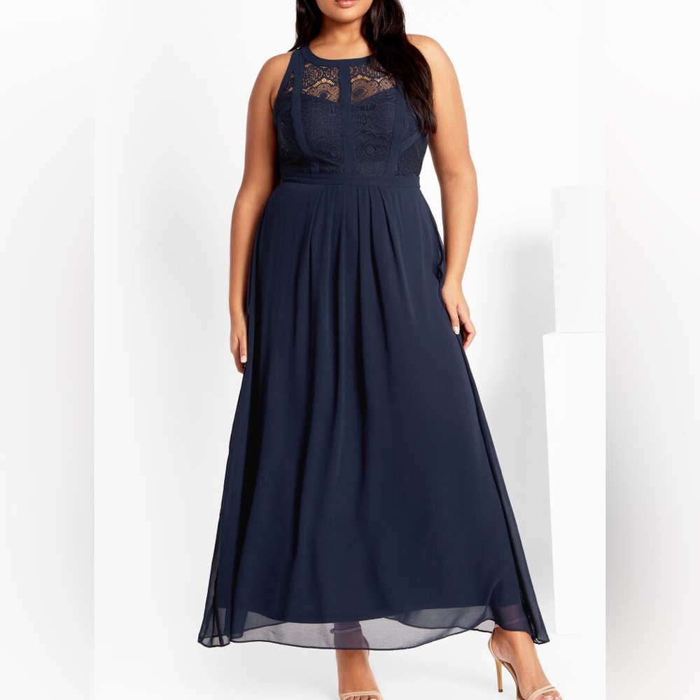 🌟 City Chic Panelled Bodice Maxi Dress – French Navy (Size S/16) | NWT